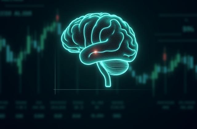 AI brain graphic with stock market charts in background